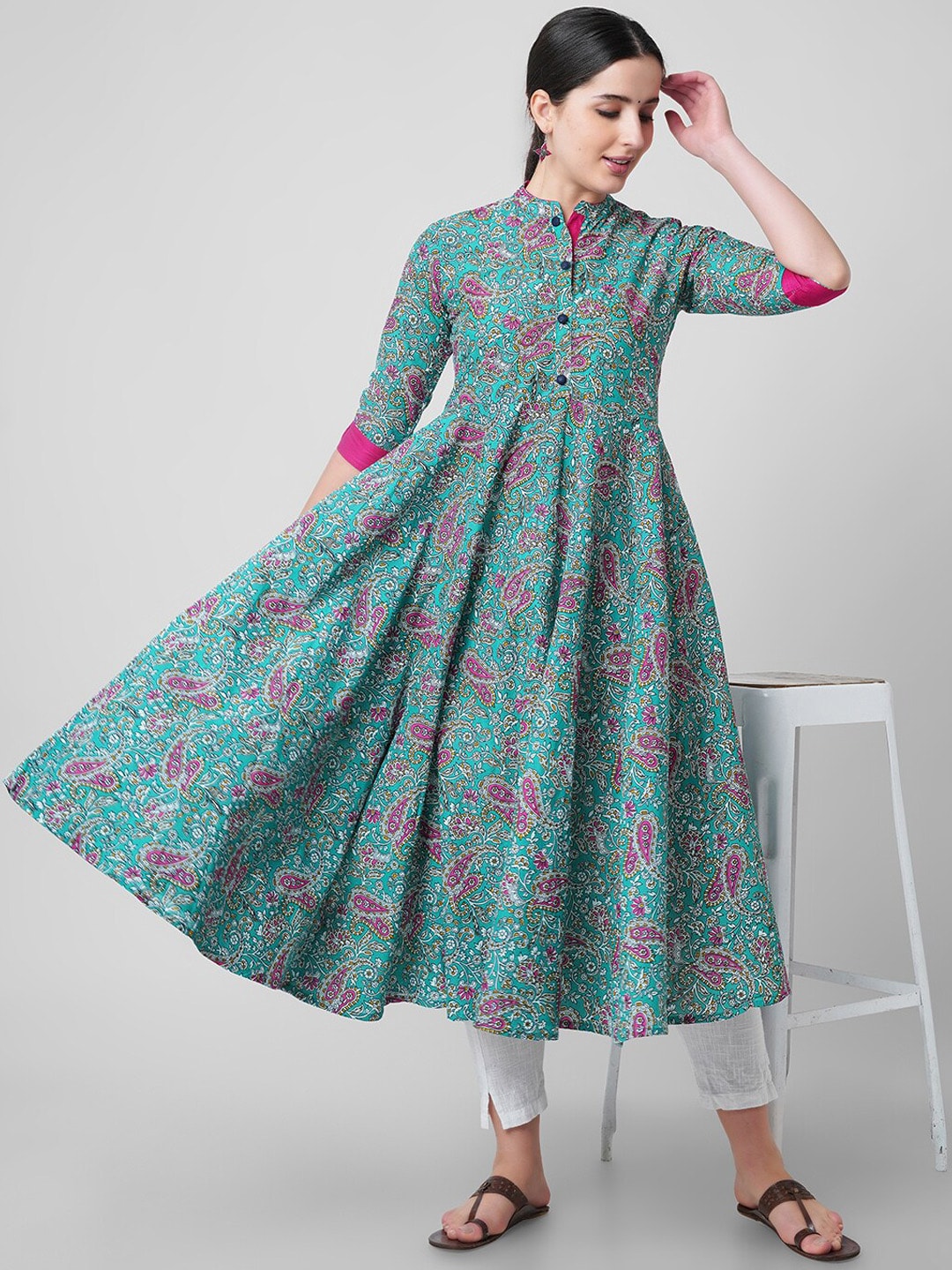 Kalini Women Blue Floral Printed Thread Work Handloom Anarkali Kurta - Distacart