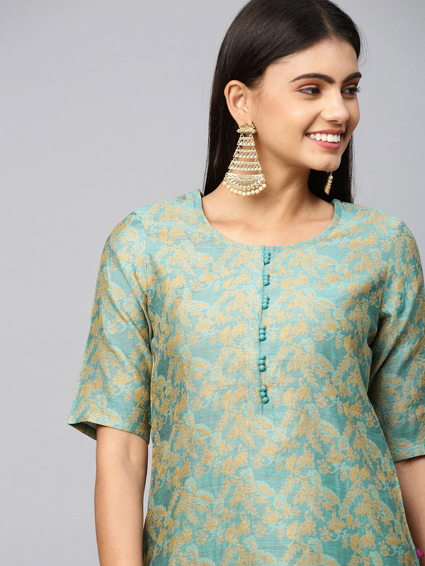 Kalini Women Sea Green Ethnic Motifs Woven Kurti with Trousers & With Dupatta - Distacart