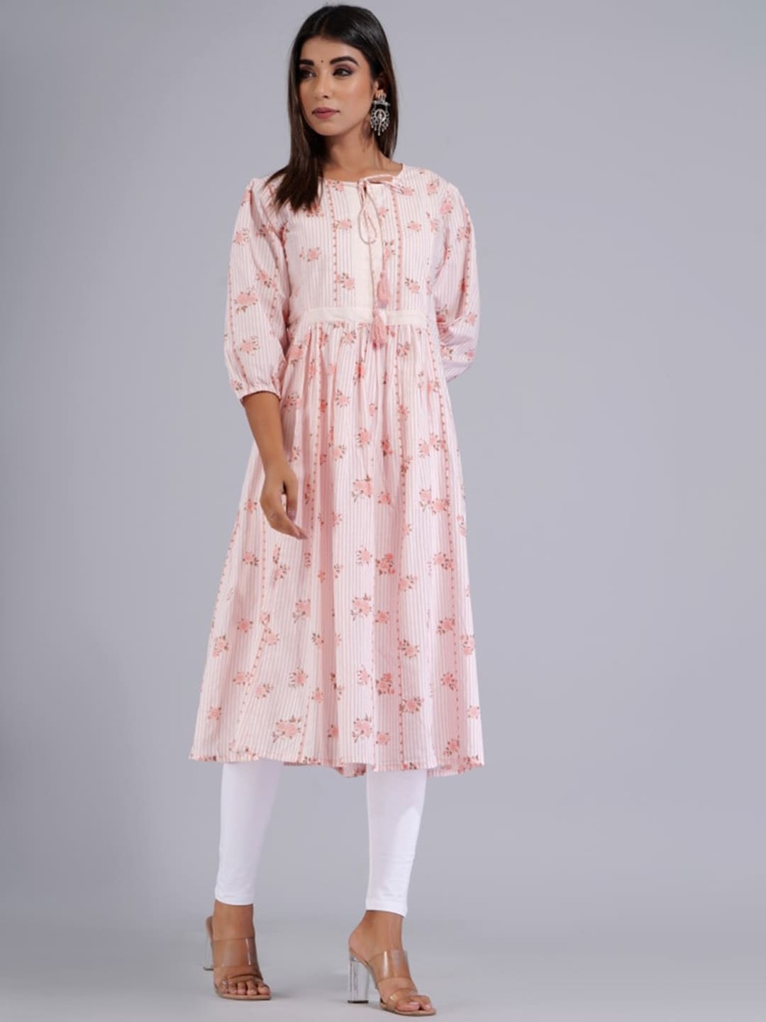 HERE&NOW Peach & White Floral Printed Tie-Up Neck Cotton A-Line Kurta - Distacart