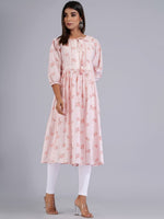 Thumbnail for HERE&NOW Peach & White Floral Printed Tie-Up Neck Cotton A-Line Kurta - Distacart