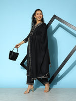 Thumbnail for Sangria Floral Embroidered Angrakha Zari Kurta with Trousers & With Dupatta - Distacart
