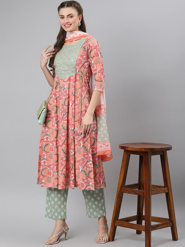 Khushal K Floral Printed Round Neck Kurta with Palazzos & Dupatta - Distacart
