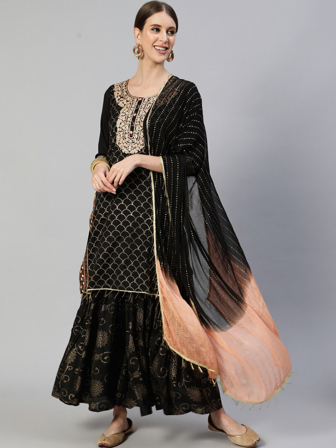Ishin Women Black Floral Embroidered Regular Kurta with Sharara & With Dupatta - Distacart