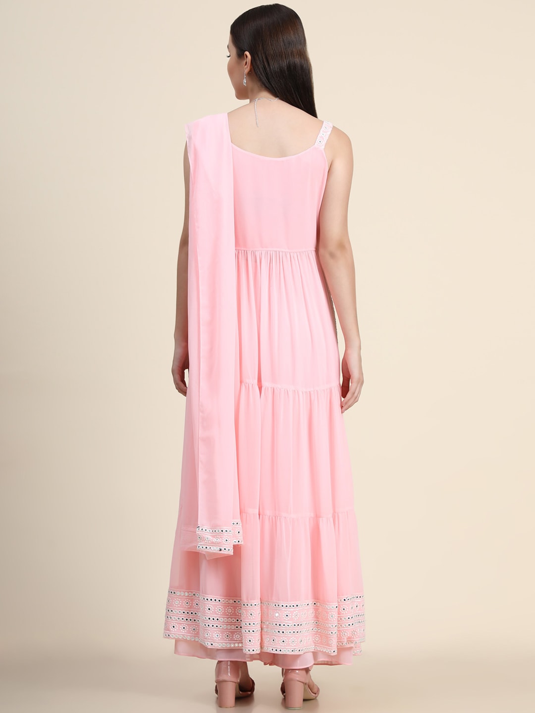 Kalini Women Pink Floral Embroidered Mirror Work Kurta with Palazzos & With Dupatta - Distacart
