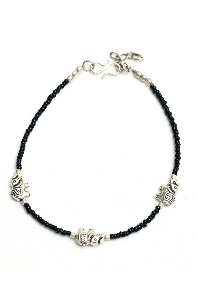 Mominos Fashion Kamal Johar Oxidised Elephant Design Silver/Black Anklets