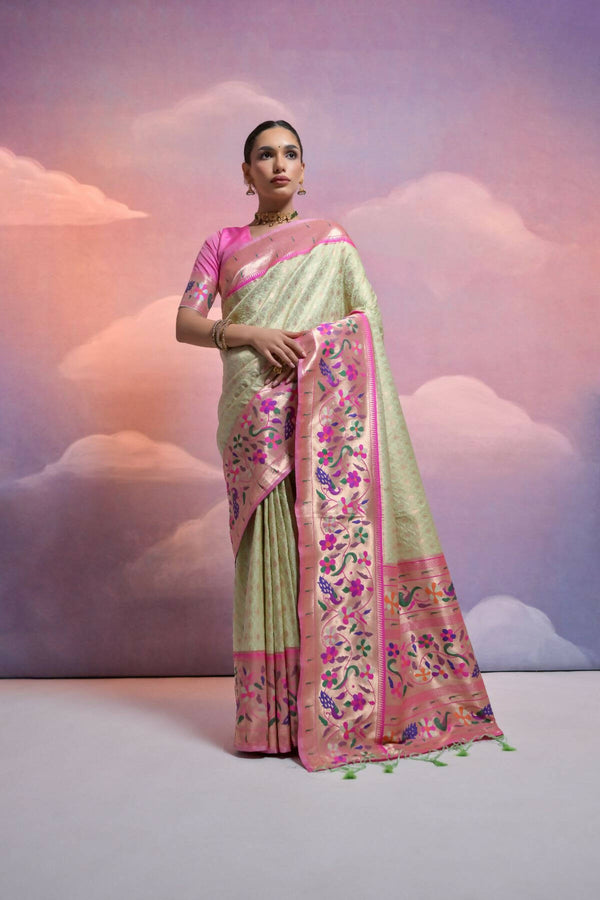 Vishnu Weaves Women's Pista Paithani Silk Zari Woven Saree with Blouse - Distacart