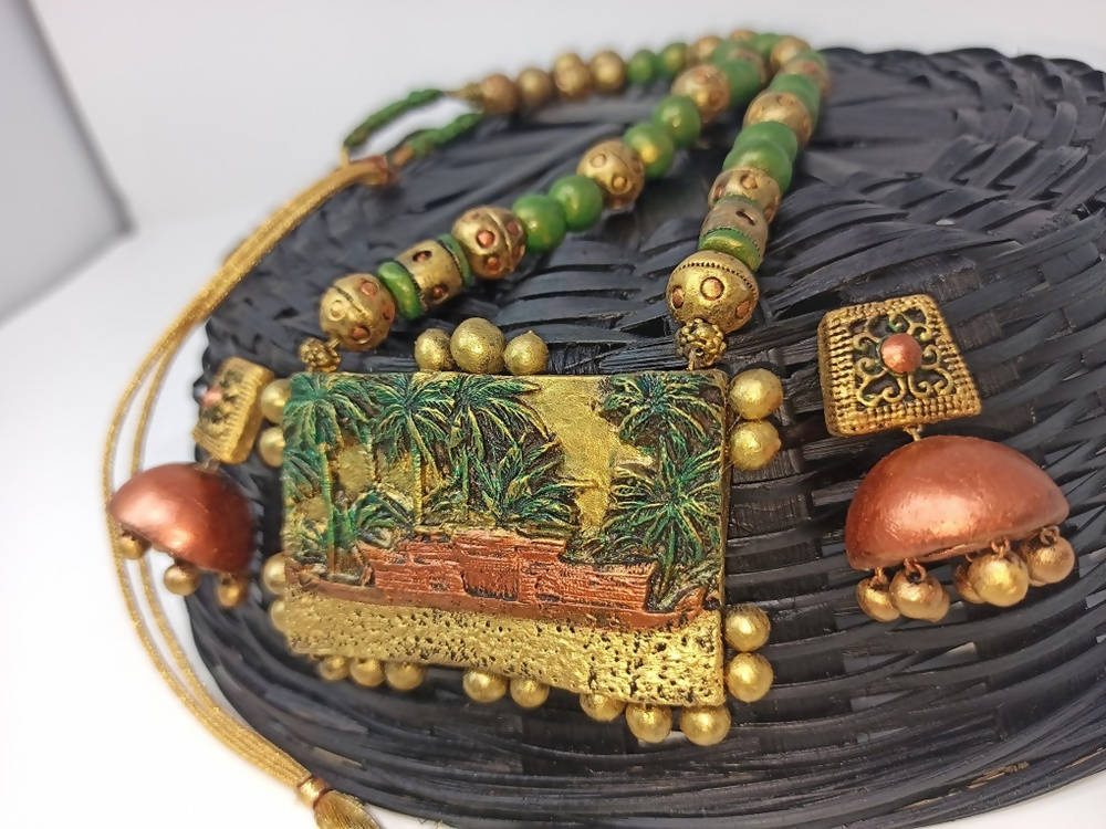 Terracotta Kerala Style Mansion Boat Pendant Long Necklace Set With Temple Earrings