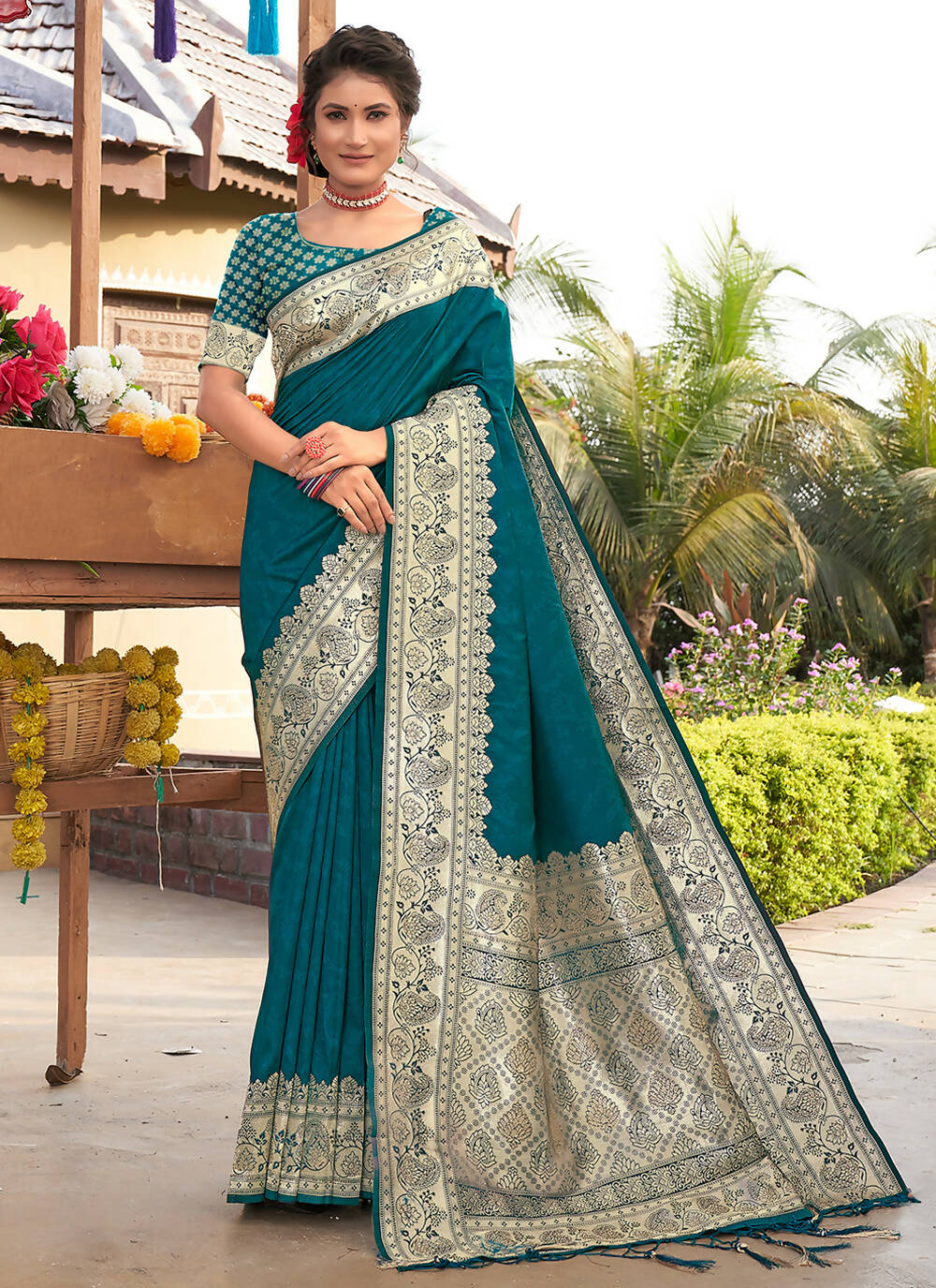Blue Banarasi Silk Woven Design Saree with Unstitched Blouse Piece - Aachal - Distacart