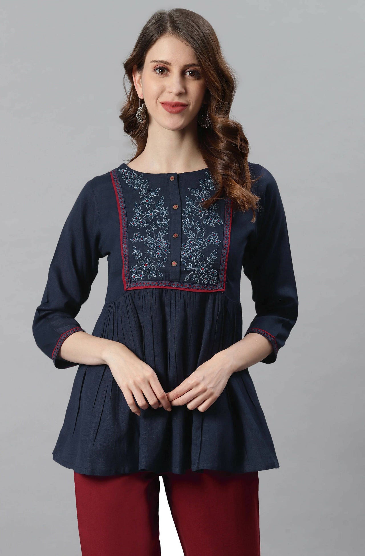 Janasya Women's Navy Blue Cotton Flex Embroidered Gathered Top - Distacart