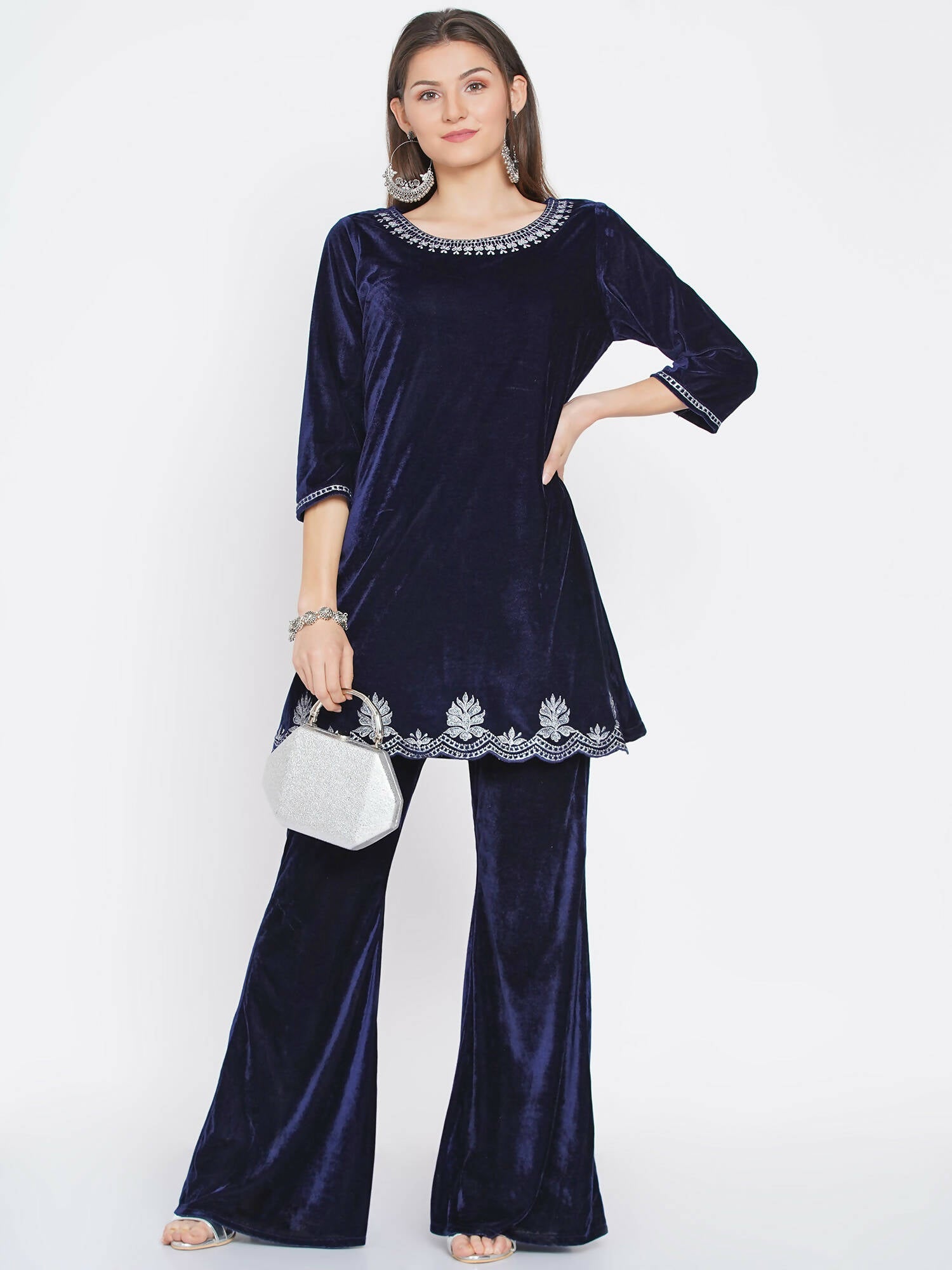 Women Republic Navy Blue Velvet Embroidered Kurta With Bellbottom Pants - Distacart