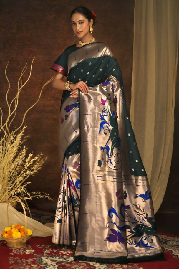 Vishnu Weaves Women's Bottle Green Paithani Silk Zari Woven Saree with Unstitched Blouse - Distacart