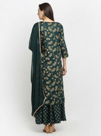 Thumbnail for Rudra Bazaar Green Gold Printed Straight Kurta with Gold Printed Skirt & Dupatta - Distacart