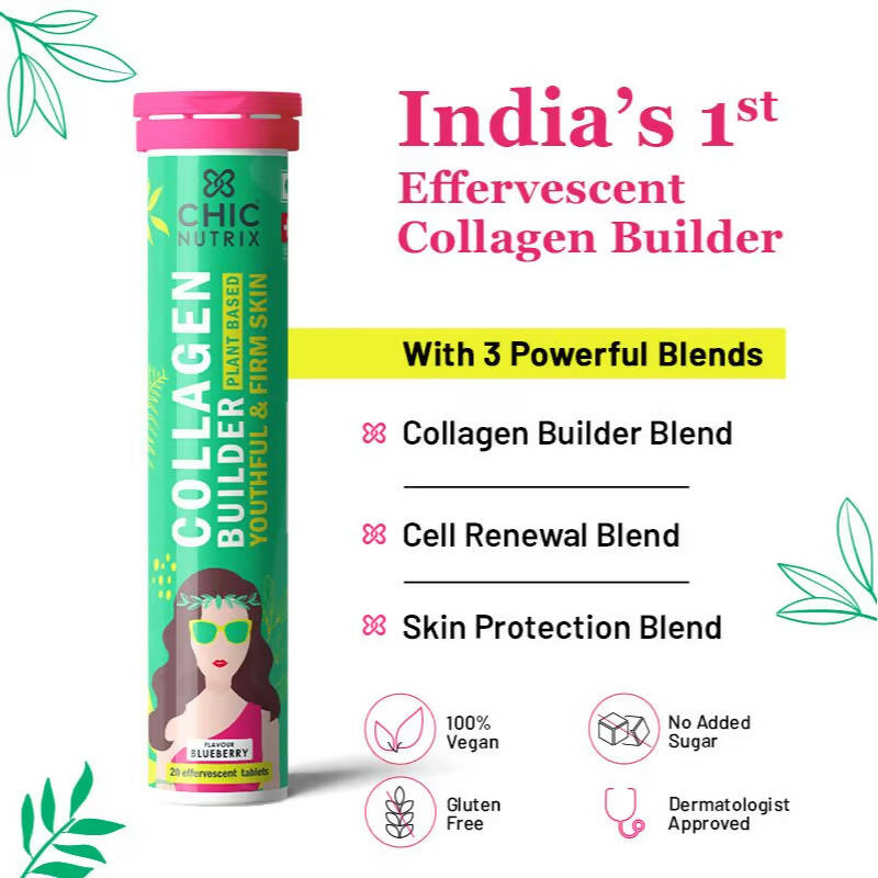 Chicnutrix Plant Based Collagen Builder Tablets for Youthful & Firm Skin -Blueberry Flavor - Distacart
