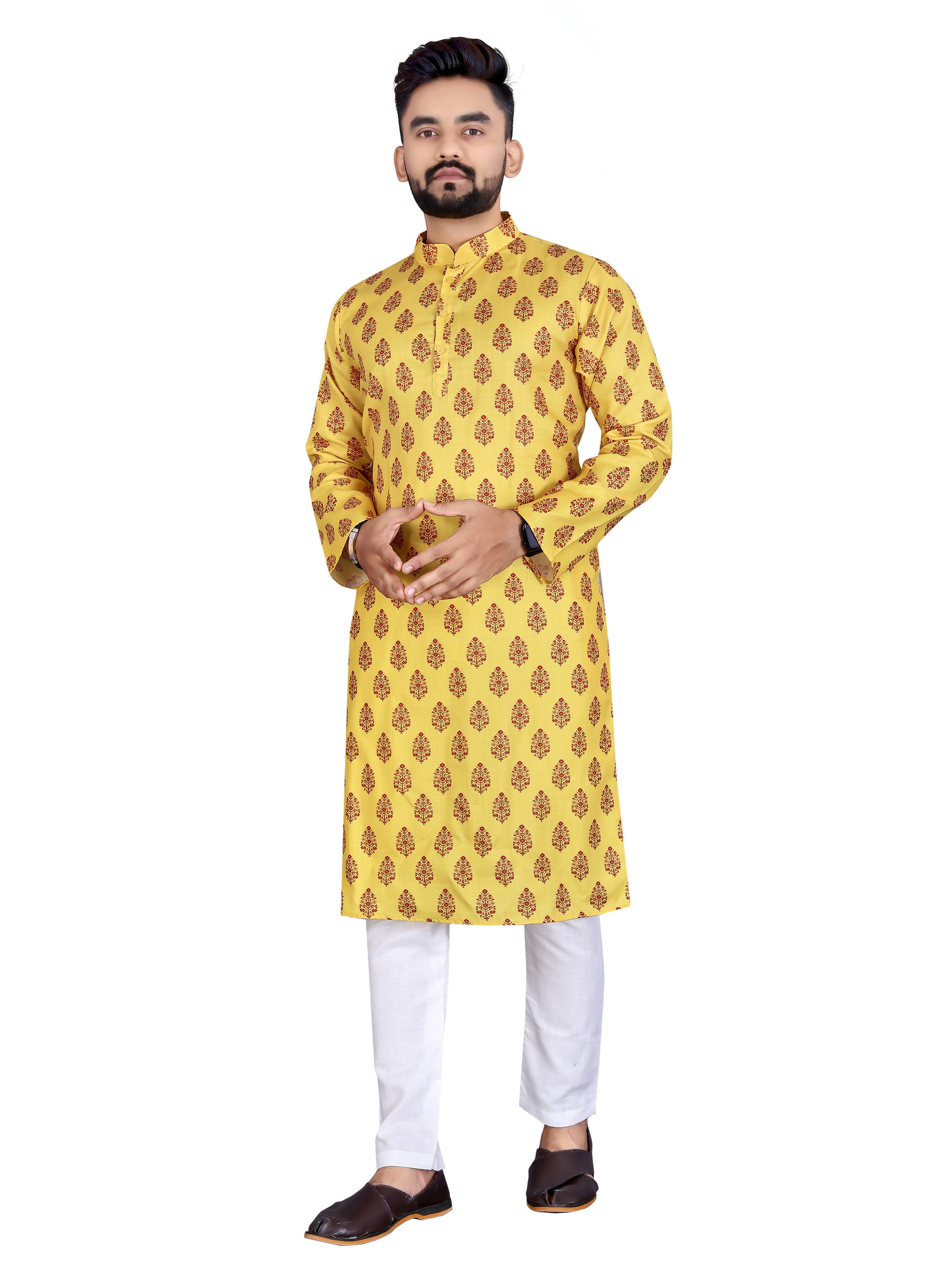Mens Yellow Cotton Printed Kurta - Mahotsav - Distacart