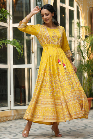 Juniper Women's Mustard Viscose Shantoon Festive Printed Flared Dress - Distacart