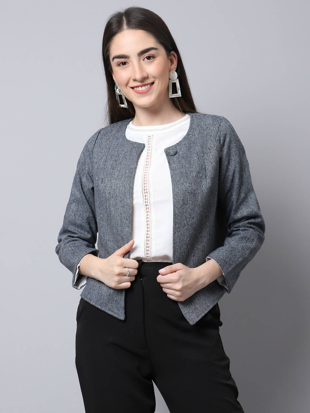 Even Apparels Grey Pure Wool Open Front Statement Jacket - Distacart