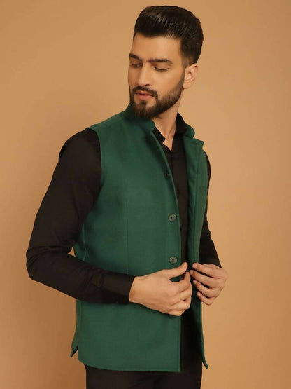 Even Apparels Pure Wool Nehru Jacket - Green - Distacart