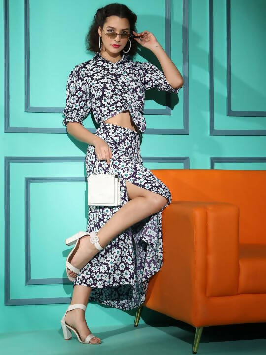 Purple Crepe Floral Printed Top with Matching Skirt - Shivani - Distacart