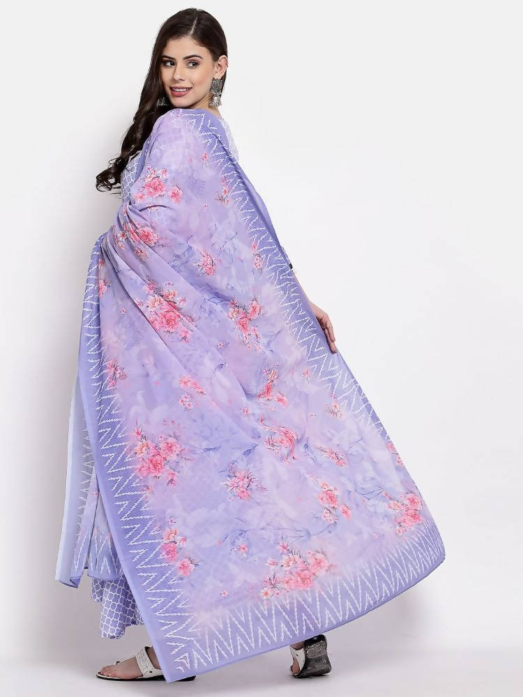 Myshka Women's Purple Silk Printed 3/4 Sleeve Round Neck Casual Anarkali Kurta Dupatta Set