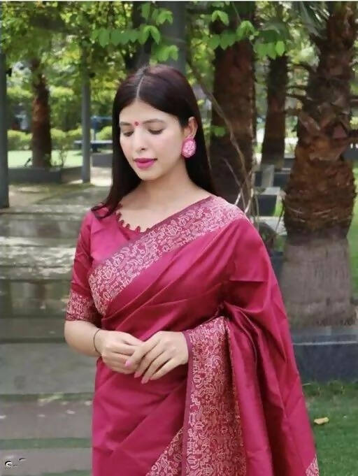 DEIANA'S Beautiful Golden Jari with New Design Soft Lichi Silk Saree - Maroon - Distacart