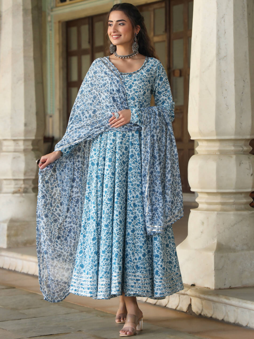 Juniper Women's Blue Cambric Floral Printed Circular Kurta Dupatta Sets - Distacart