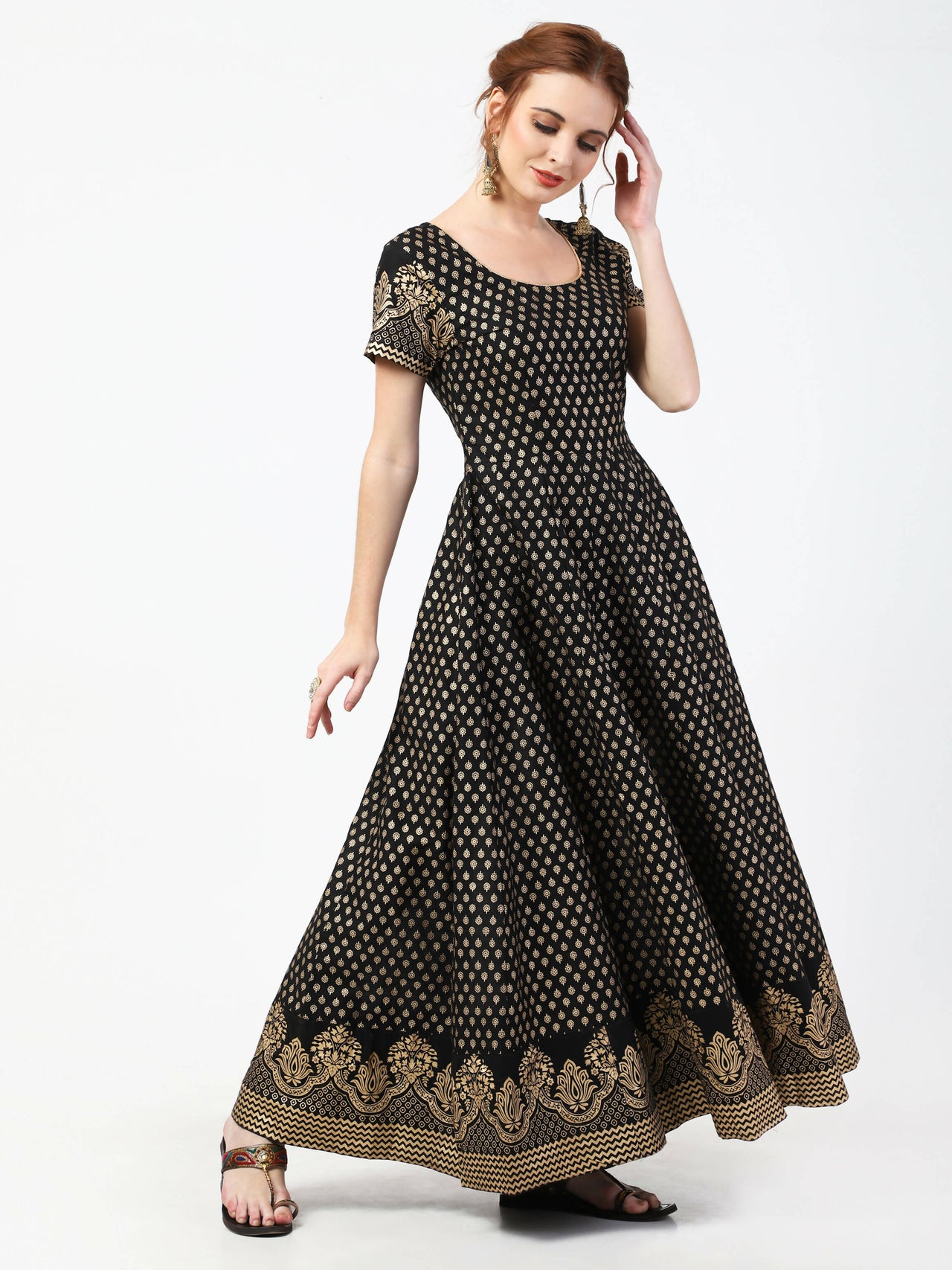 Cheera Women's Black Cotton Hand Block Print Long Dress With Silk Dupatta Set - Distacart
