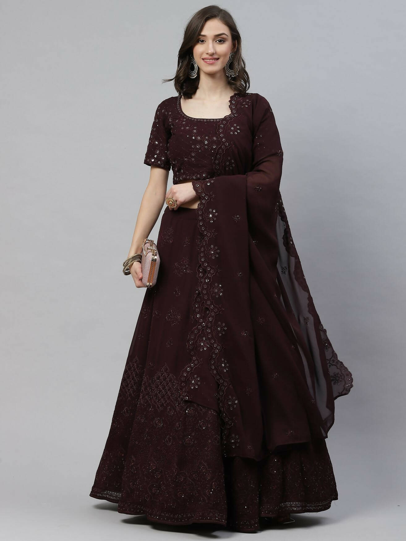 Purple Georgette Thread with Sequins Embroidered work Lehenga Choli with Dupatta - Jivika - Distacart