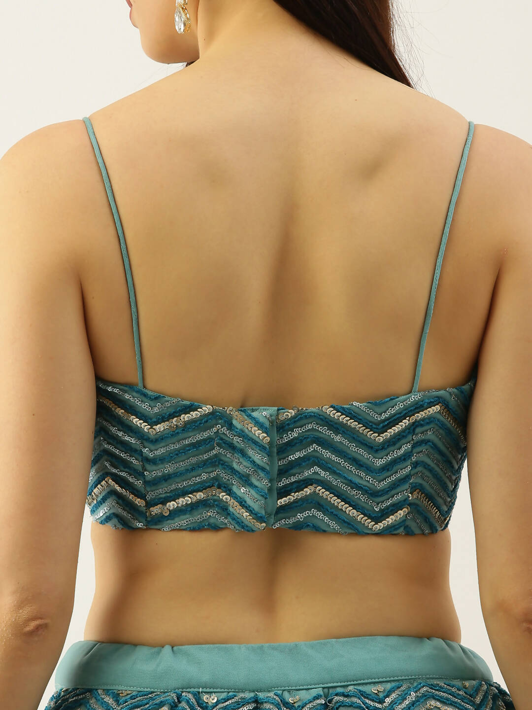 House of Panchhi Women Sea Green Net Zig-Zag Embroideried Lehenga, Blouse & Dupatta - Distacart