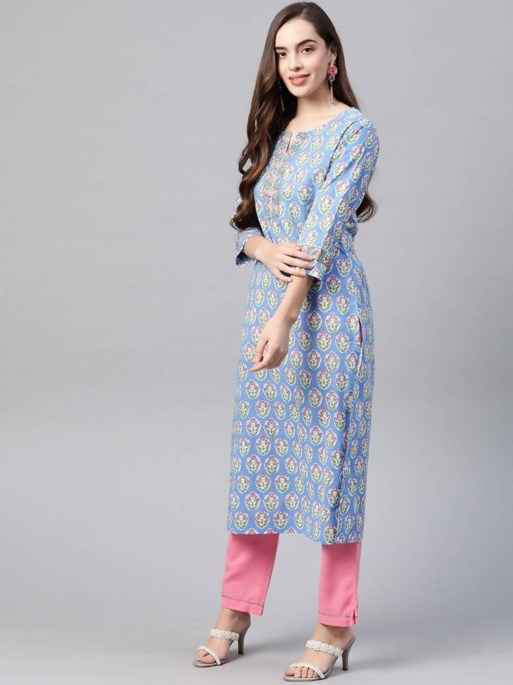 Yufta Women Blue & Pink Handblock Printed Pure Cotton Kurta with Trouser & Dupatta