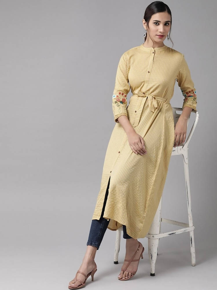 Yufta Women Beige & Off White Striped Thread Work A-Line Kurta With Belt