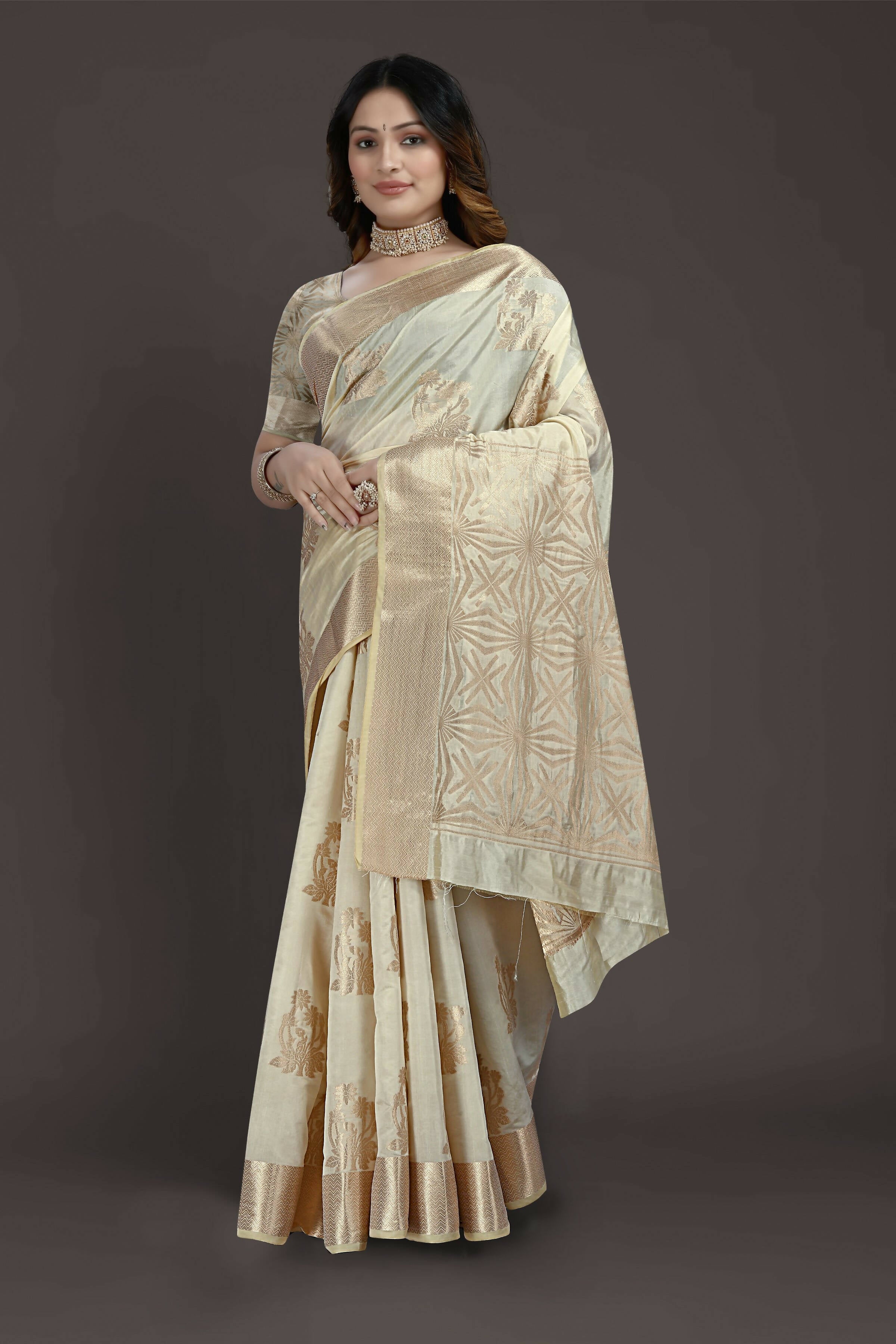 Off White Pure Raw Silk Zari Woven Saree with Unstitched Blouse Piece - Alisha - Distacart