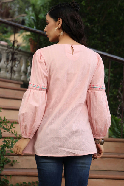 Juniper Women's Peach Cotton Dobby Solid Embroidered Straight Tunic - Distacart