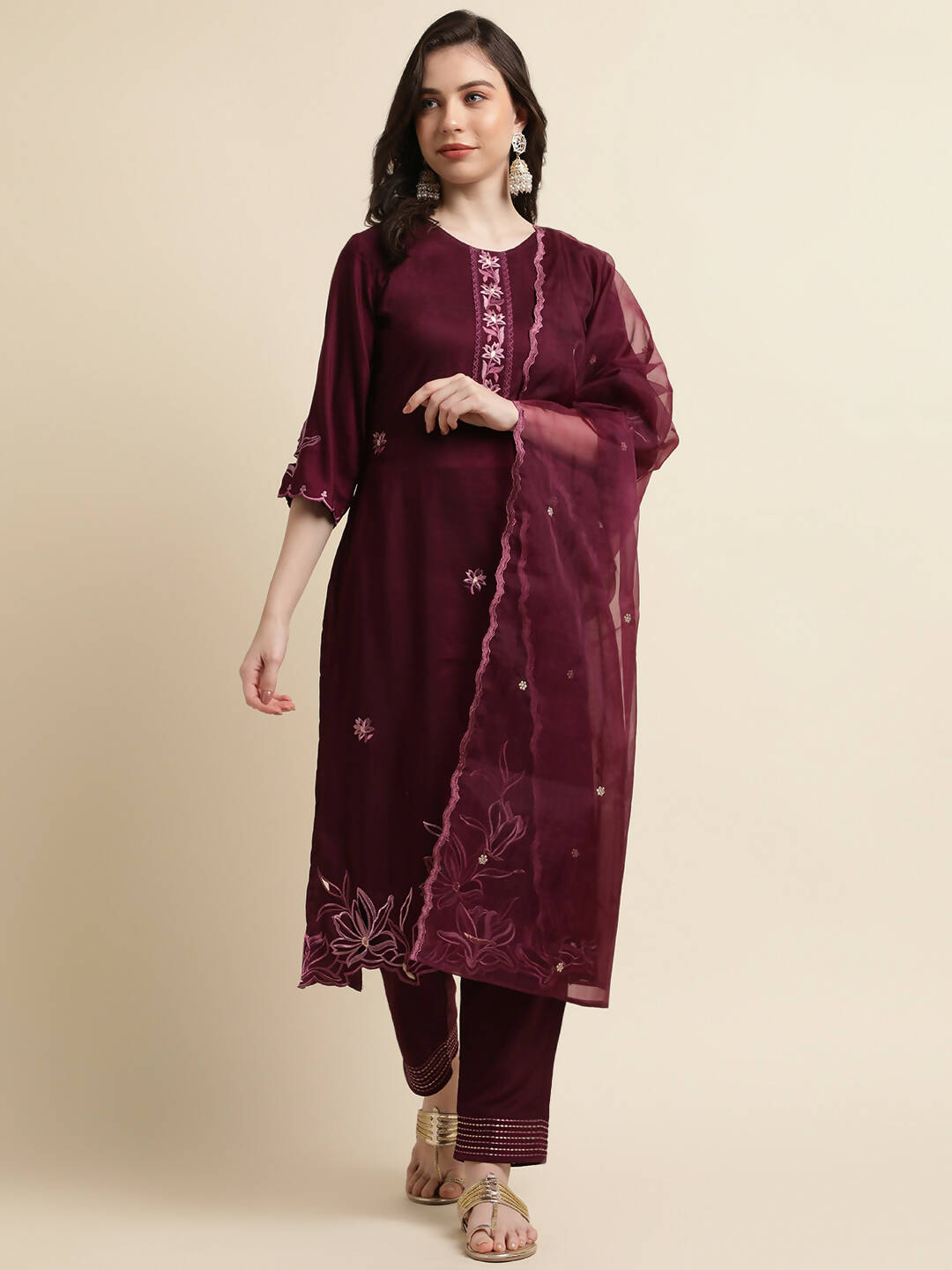 Purple Chinon Silk Embroidered Straight Kurta with Trouser & Dupatta - Salimar - Distacart