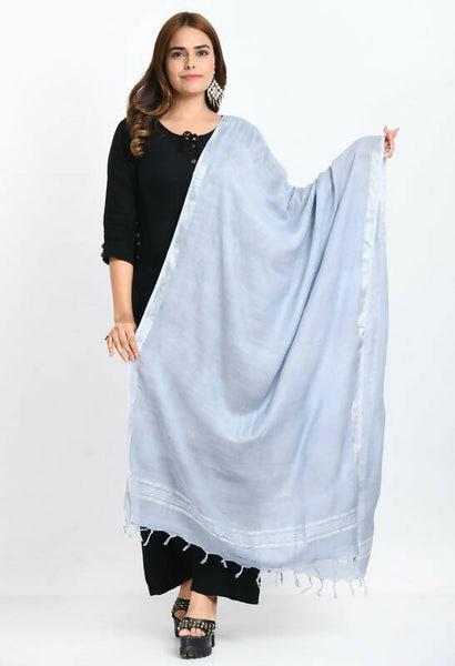 Mominos Fashion Moeza Women's Linen Cotton Silver Border Grey Dupatta - Distacart