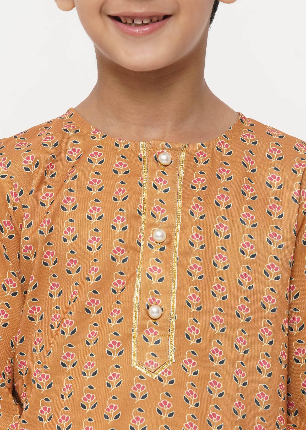 Little Bansi Cotton Silk Floral Kurta with Pearl Buttons & Pyjama - Orange & Cream - Distacart