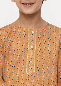 Thumbnail for Little Bansi Cotton Silk Floral Kurta with Pearl Buttons & Pyjama - Orange & Cream - Distacart