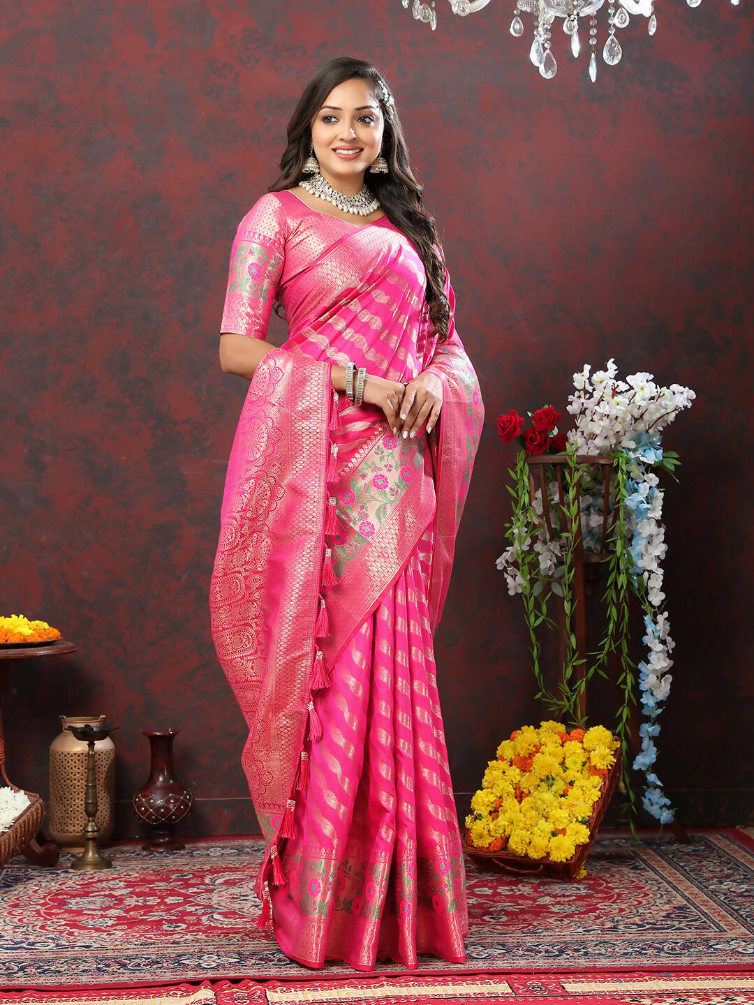 Lorenvalley Fashion Pink Soft Silk Woven Design with Zari Weaving Leheriya Design Saree - Distacart