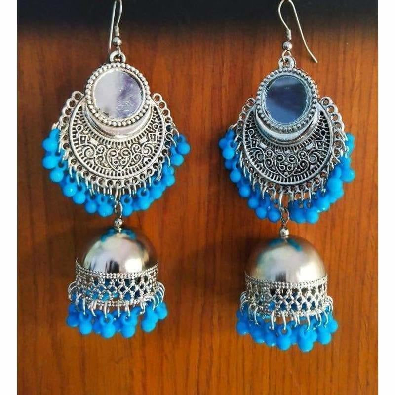 Chandbali Blue Pearls Hanging Jhumka Earrings