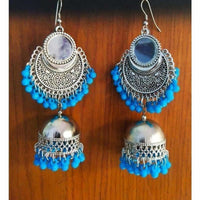 Thumbnail for Chandbali Blue Pearls Hanging Jhumka Earrings