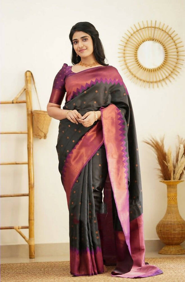 DEIANA'S Beautiful Golden Jari with New Design Soft Lichi Silk Saree - Black - Distacart