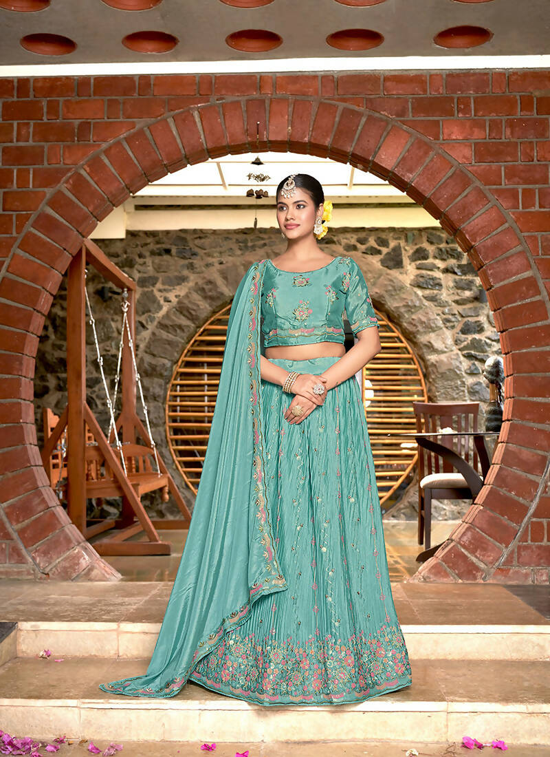 Sky Blue Chinon Crushed Sequence and Thread Embroidery Work Lehenga Choli with Dupatta - Viharini - Distacart