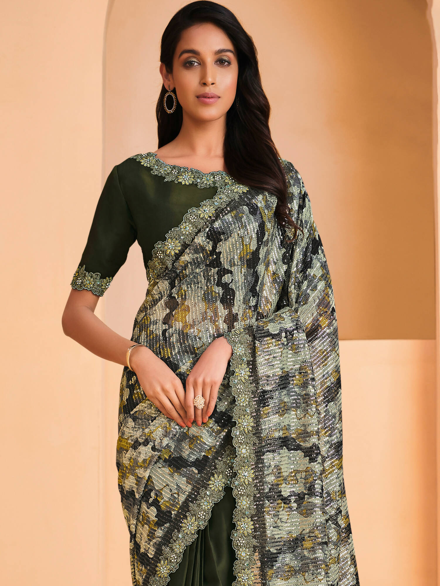 Green Satin Crepe Silk Sequence Embroidered Saree With Unstitched Blouse - Mohmanthan Yavanika - Distacart