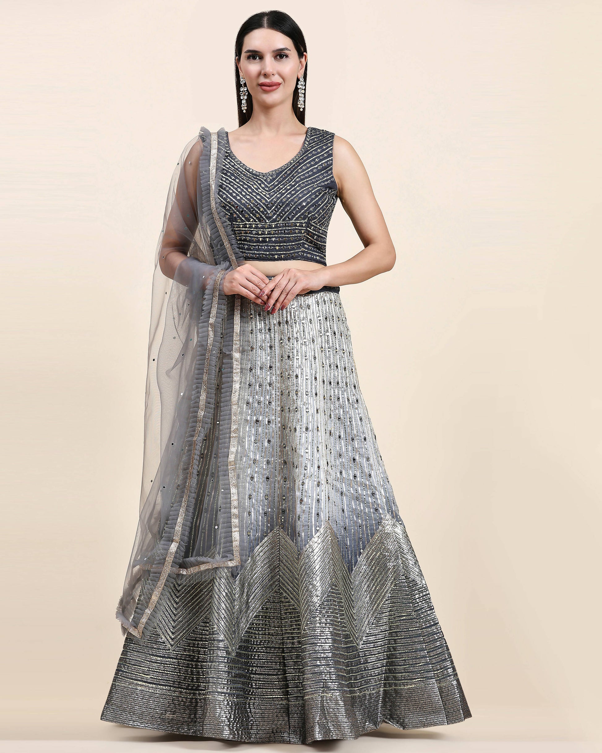 Grey Organza Mirror With Coding Work Lehenga Choli with Dupatta - Tanya - Distacart