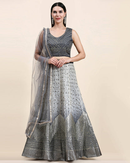 Grey Organza Mirror With Coding Work Lehenga Choli with Dupatta - Tanya - Distacart