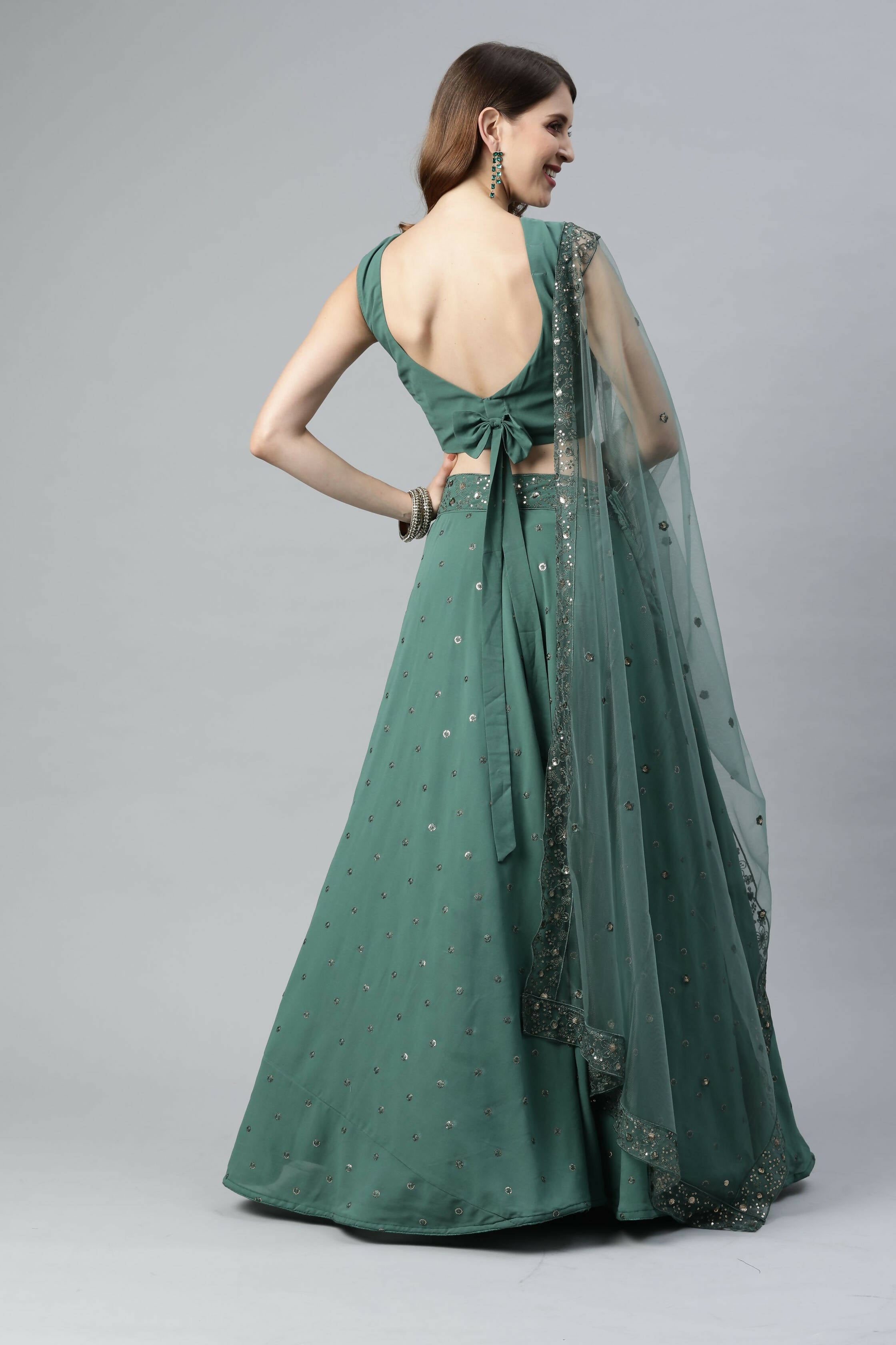 Pista Georgette Sequins Embroidery Work Lehenga Choli with Dupatta - Jivika - Distacart