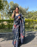 Thumbnail for Vastrasky Navy Blue Organza Saree - Distacart