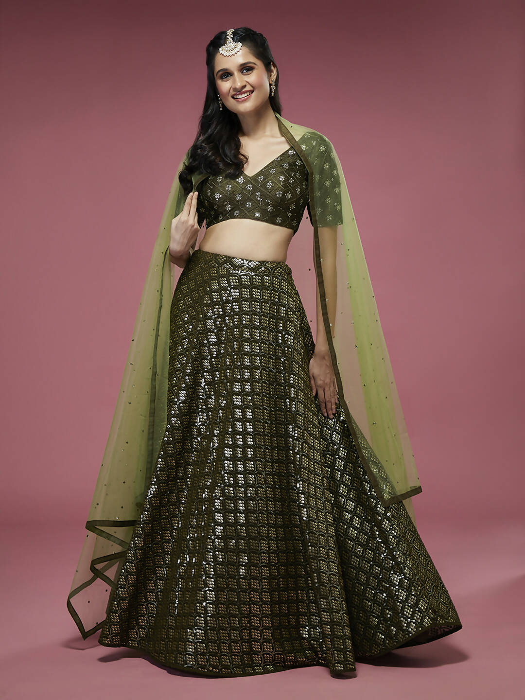 House of Panchhi Olive Georgette Sequinse Embroidered Lehenga & Blouse with Dupatta - Distacart