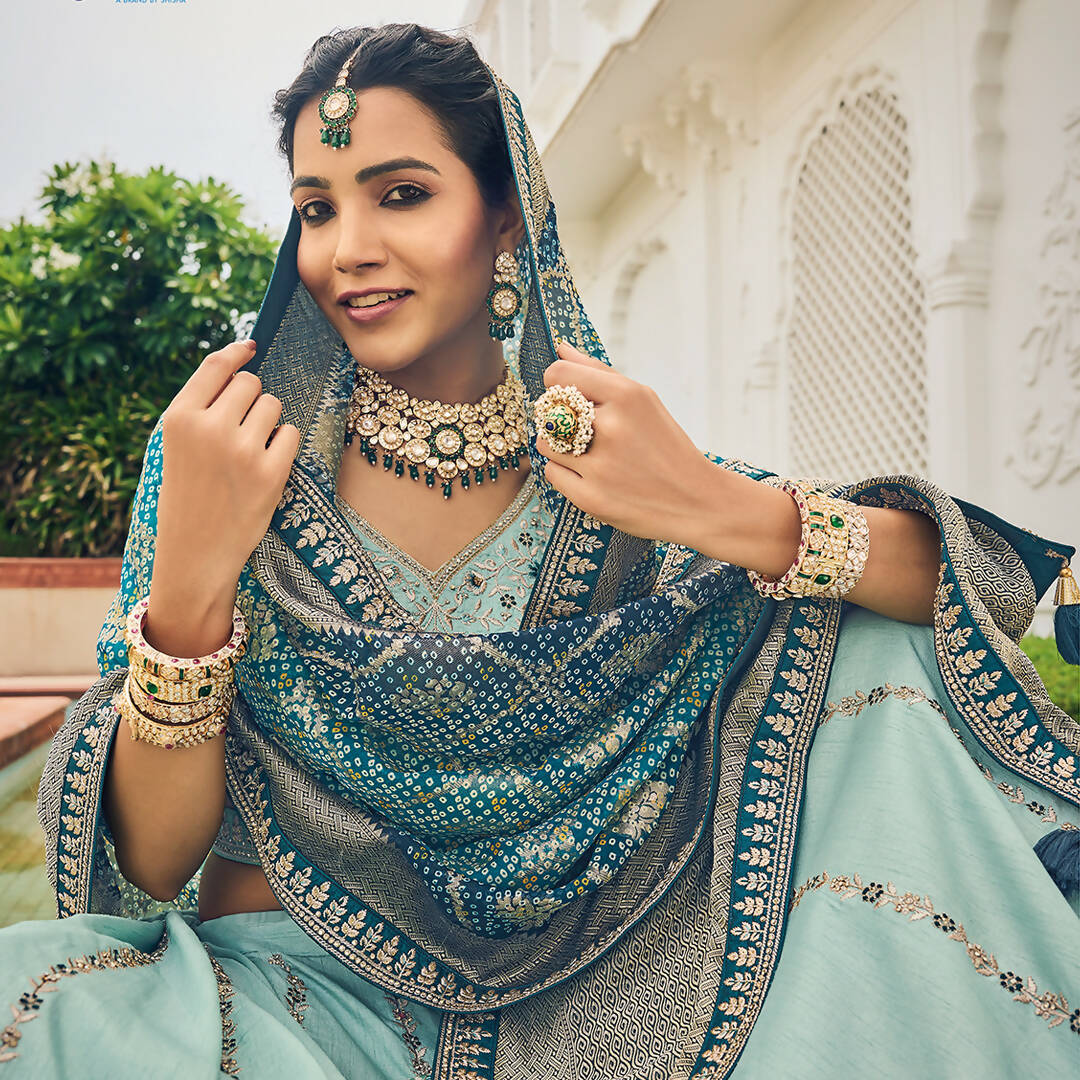 Sky Blue Heavy Viscose Khatli, Embroidery & Mirror Work Unstitched Lehenga Choli - Sisha Keshav - Distacart