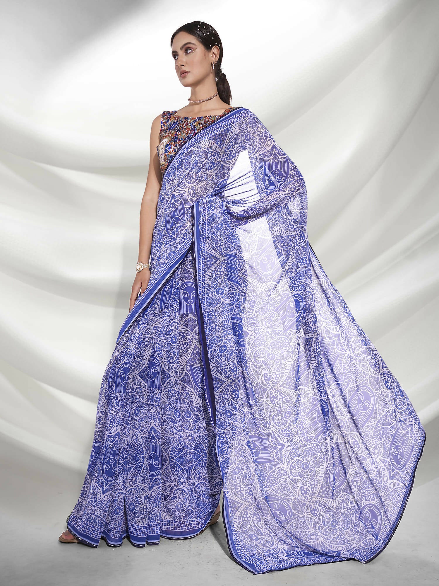 Blue Georgette Floral Printed Saree With Unstitched Blouse Piece - Rajal - Distacart