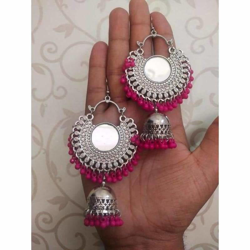 Pink Color Pearls Chandbali Earrings With Mirror